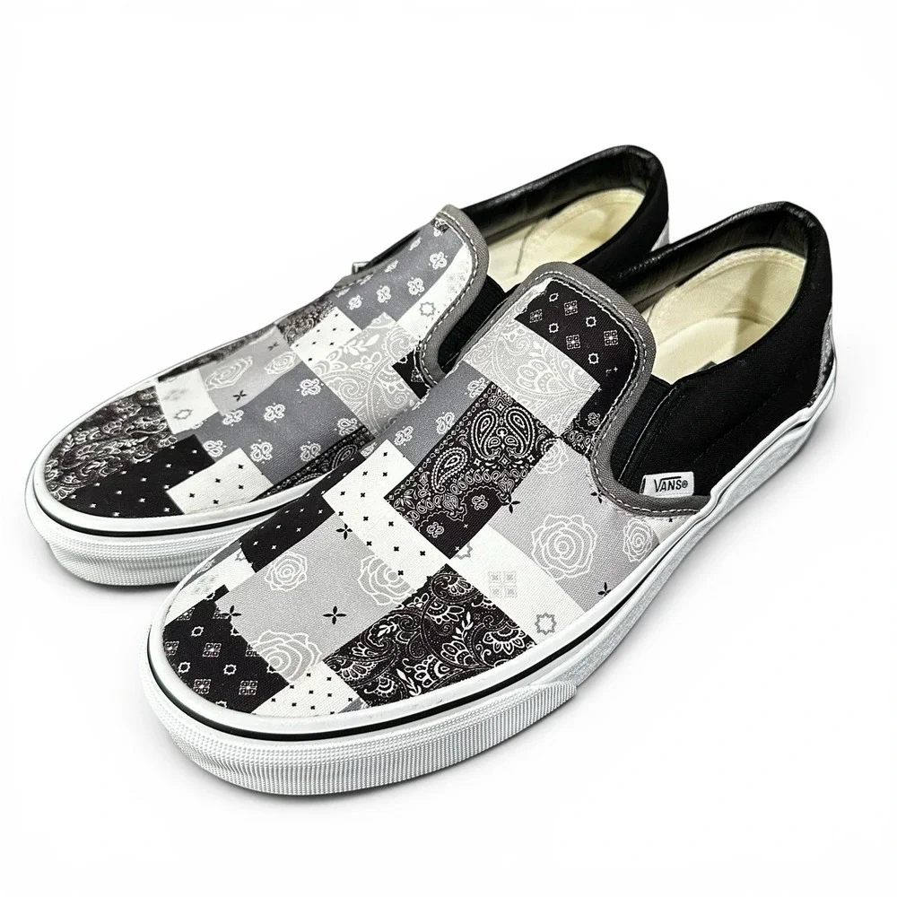 Vans Slip Ons Black & White Patchwork Bandana Shoes - Mens 9.5 / Womens 11 - EUC